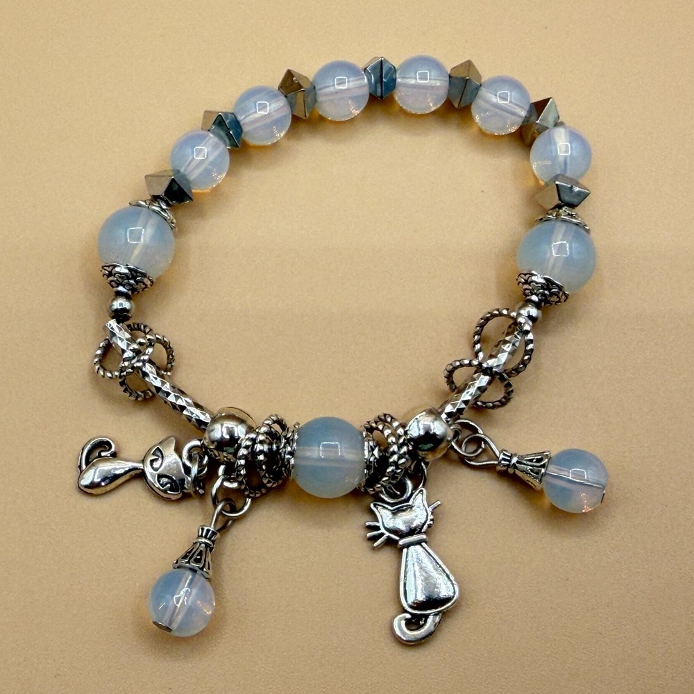 Silver Tone Opalescent Bead Cat Charm Bracelet Boho Whimsical Statement Gift